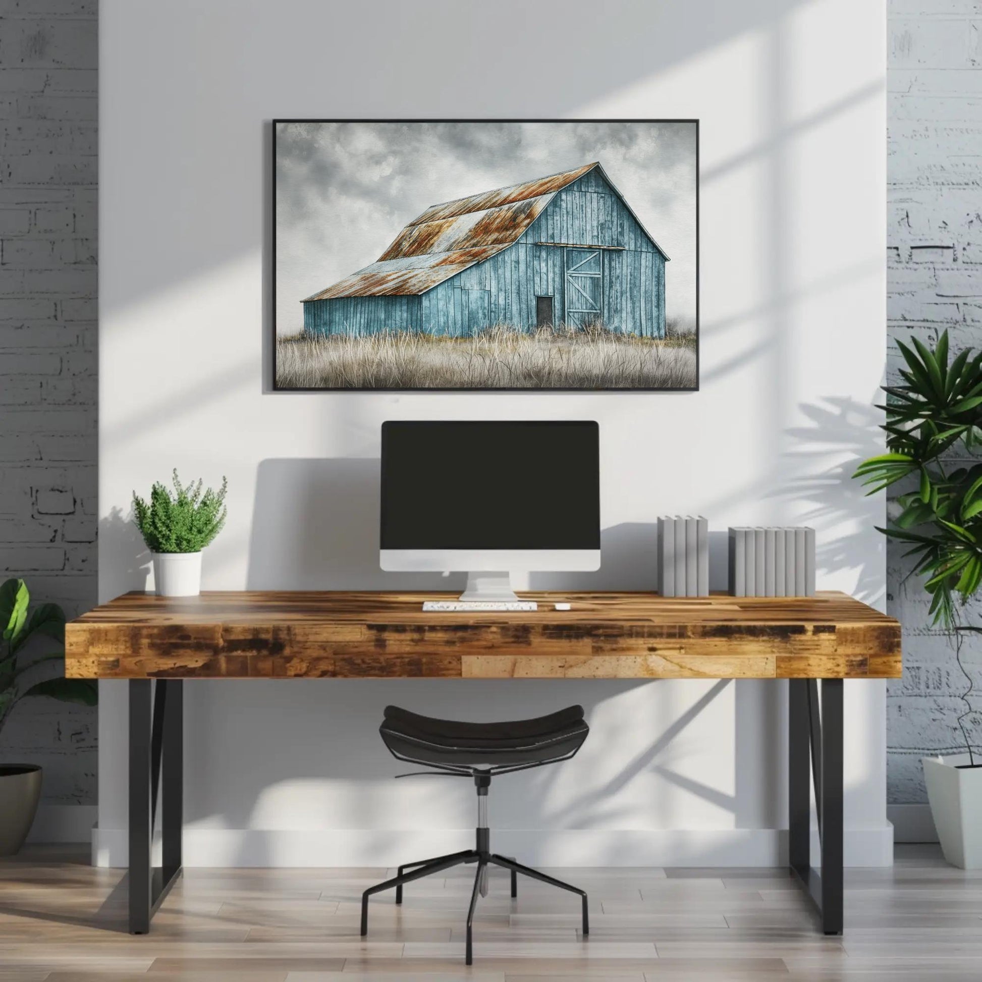 Rustic Blue Barn canvas wall art in blue tones