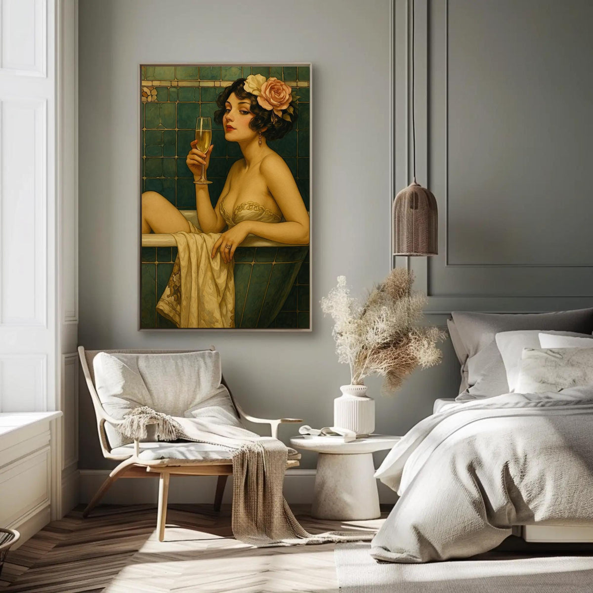 Vintage bathtub woman canvas wall art, painting of a woman sitting on a bathtub