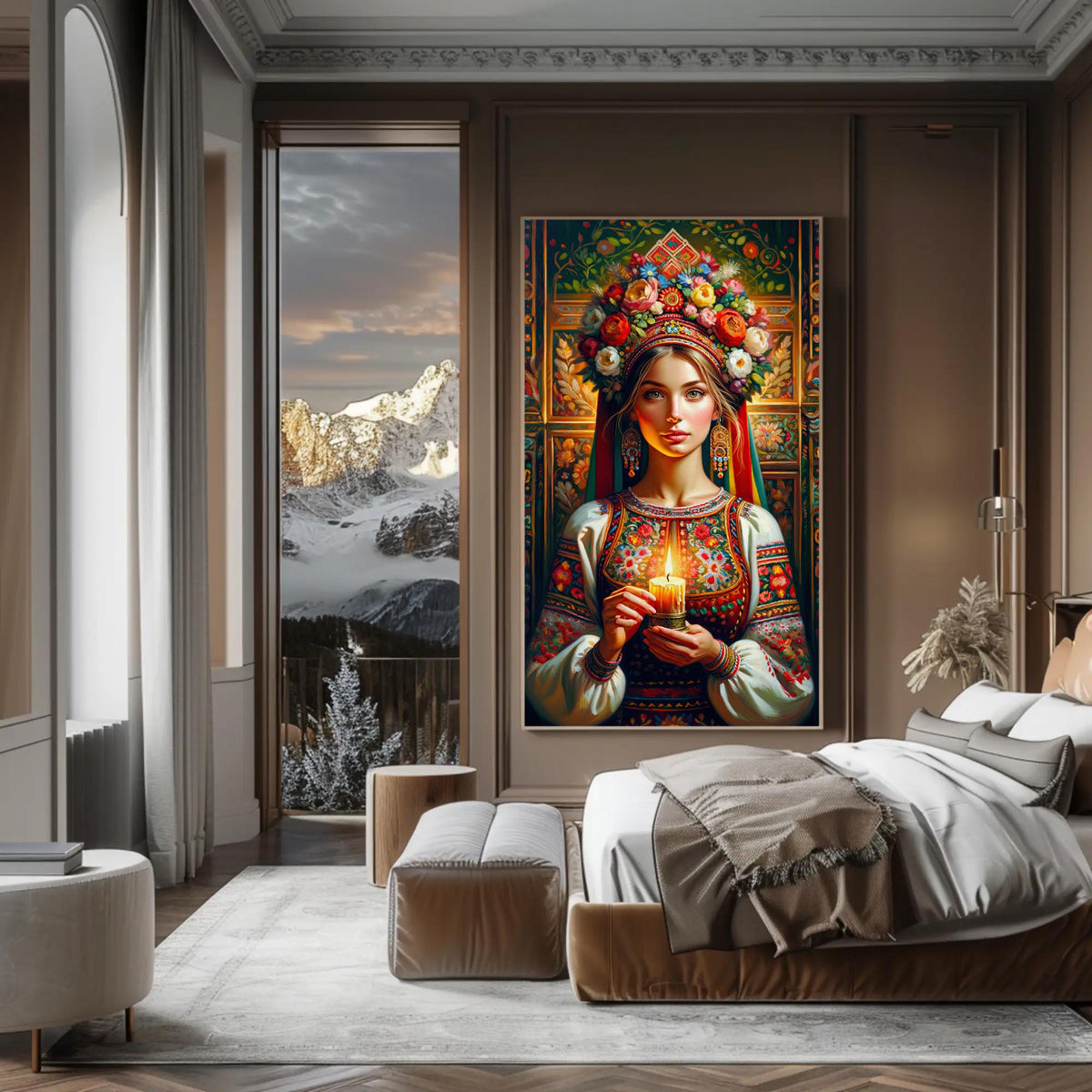 Ukrainian girl with candle canvas wall art, bedroom with a painting of a woman holding a candle