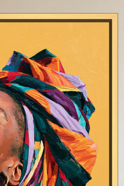 Laughing African woman canvas wall art, image is a vibrant, colorful painting featuring a woman's face with a large