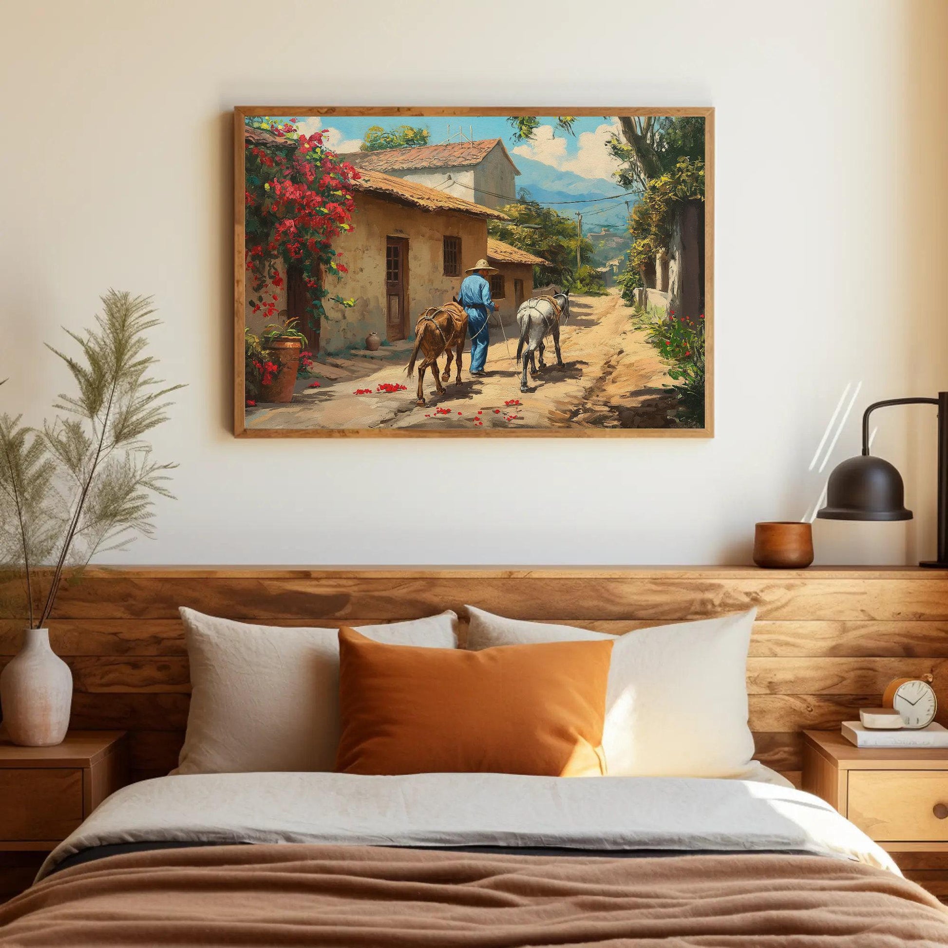 Mexican Village , Vibrant Mexico Pueblo canvas wall art shown in a bedroom