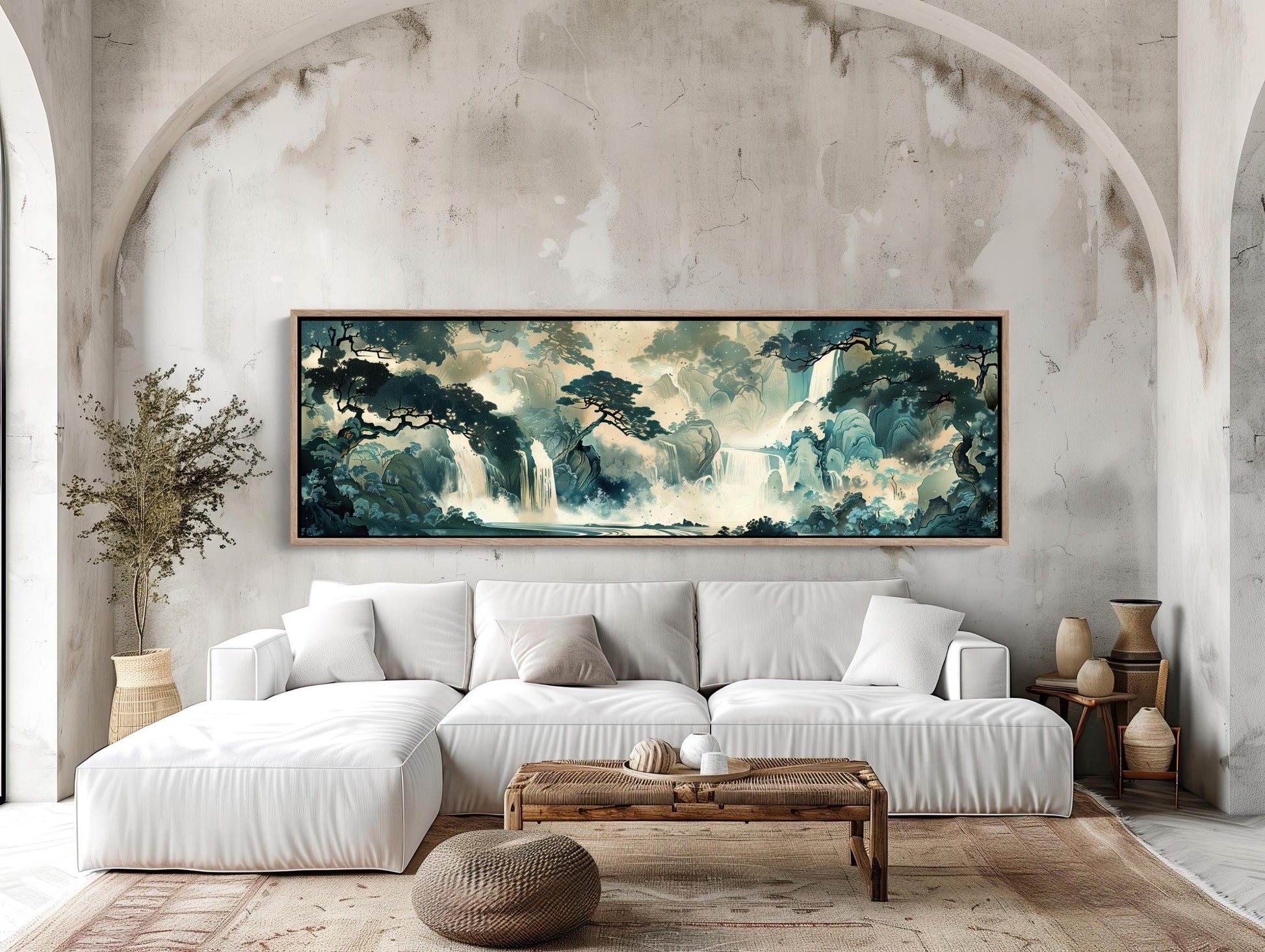 Japanese Waterfall , Ukiyo-e Panoramic canvas wall art shown in a living room (view 2)
