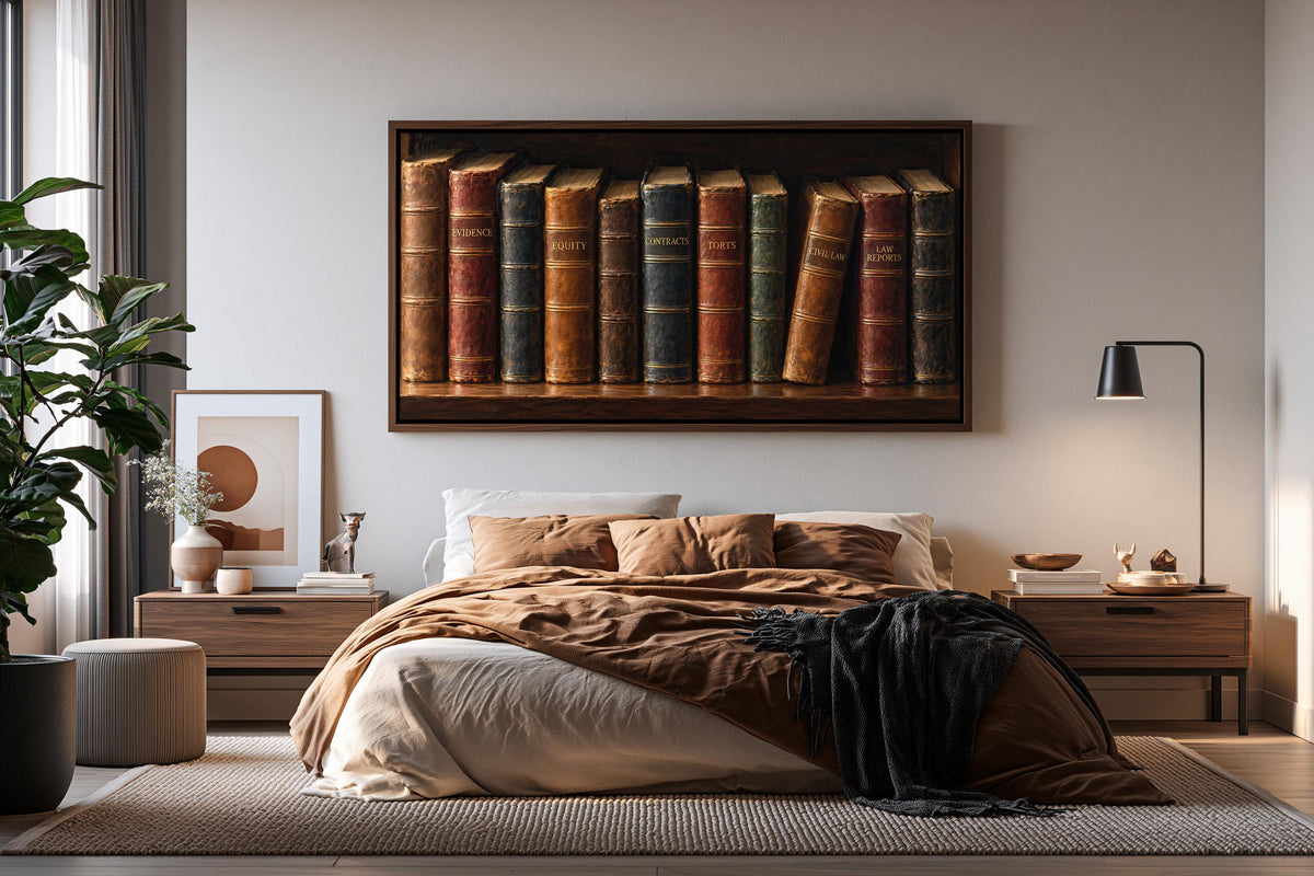 a cozy bedroom with a large bed, a wooden nightstand, and a framed artwork of books on the wall above the bed.