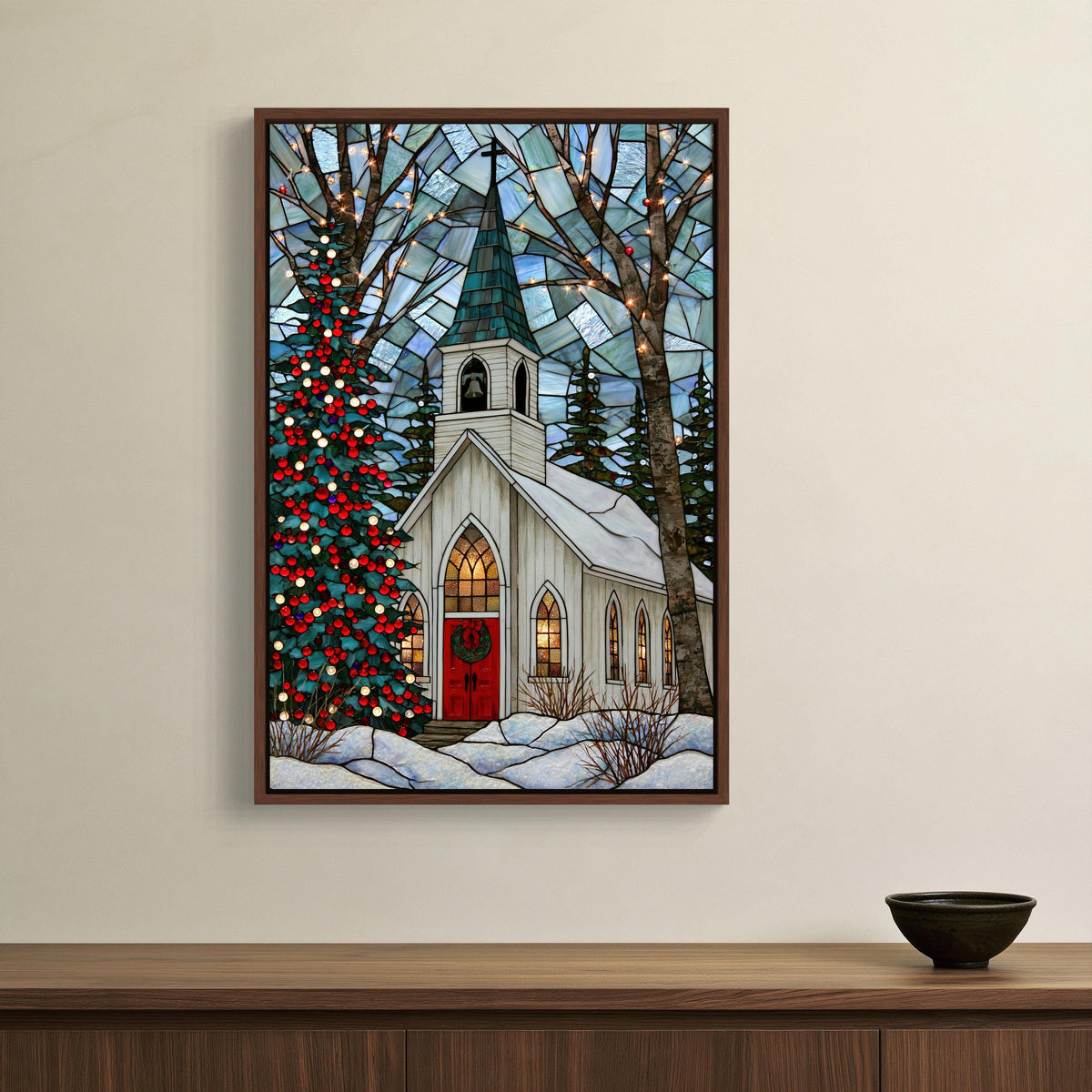 Christmas chapel stained glass canvas wall art, stained glass window depicting a white church with a red door, surrounded by