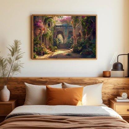 Indian Palace , Rajasthani Haveli canvas wall art shown in a bedroom