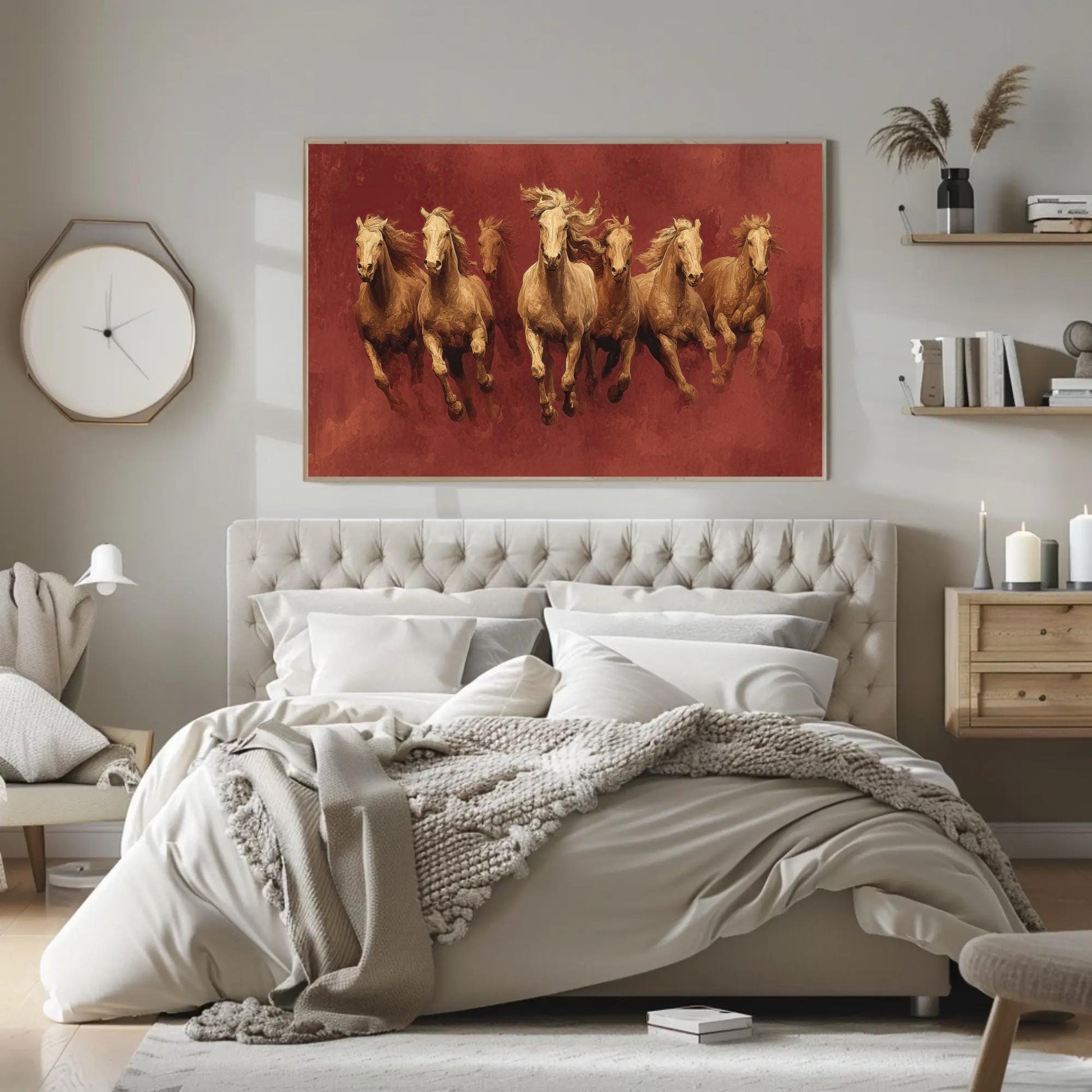 a bedroom with a bed and a painting on the wall