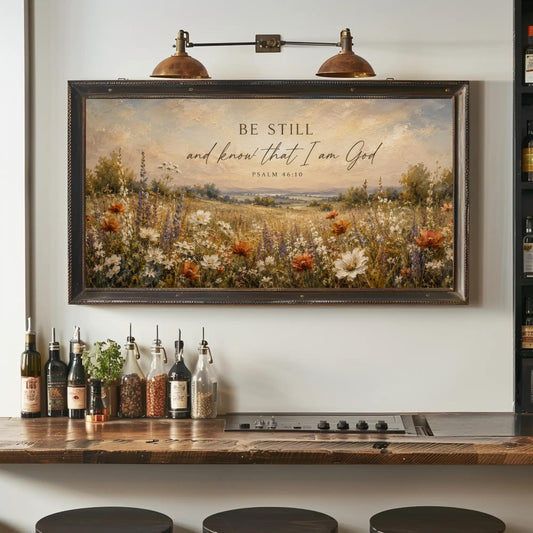 Be Still and Know canvas wall art, Psalm 46:10 above a vintage wildflower meadow