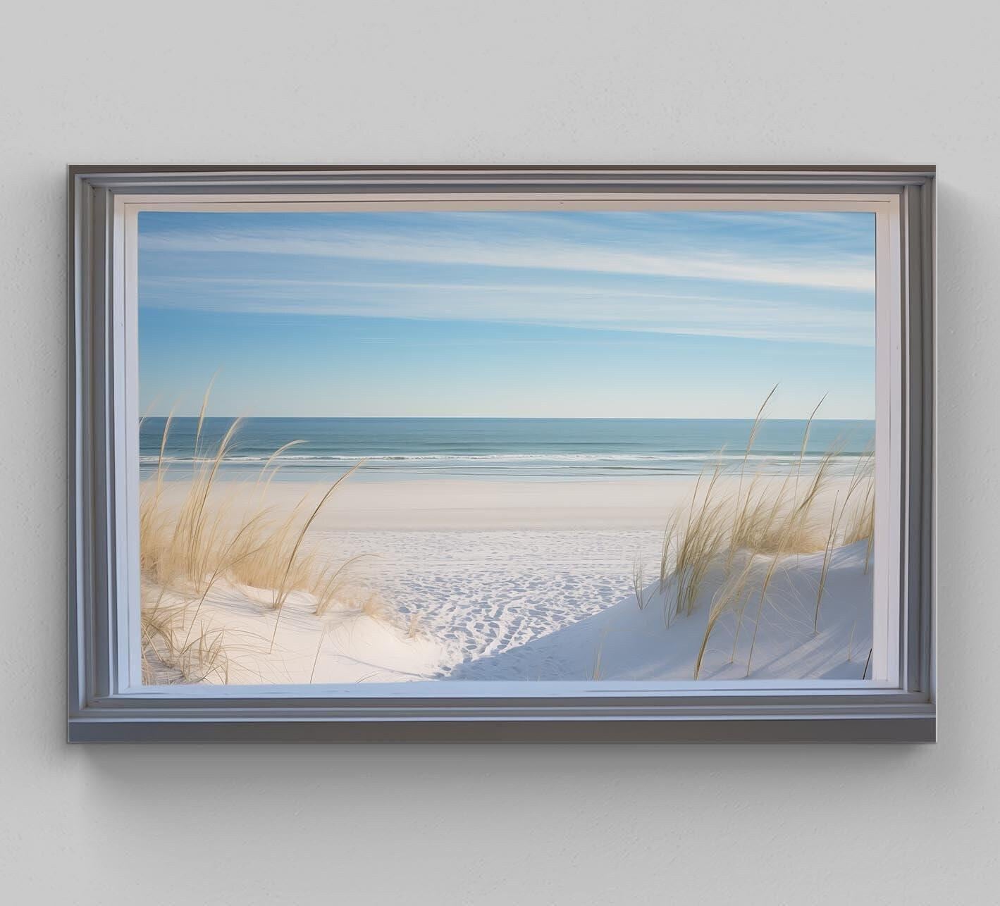 Sandy Beach Canvas Print, Coastal Wall Art, Ocean Beach Landscape Faux Window