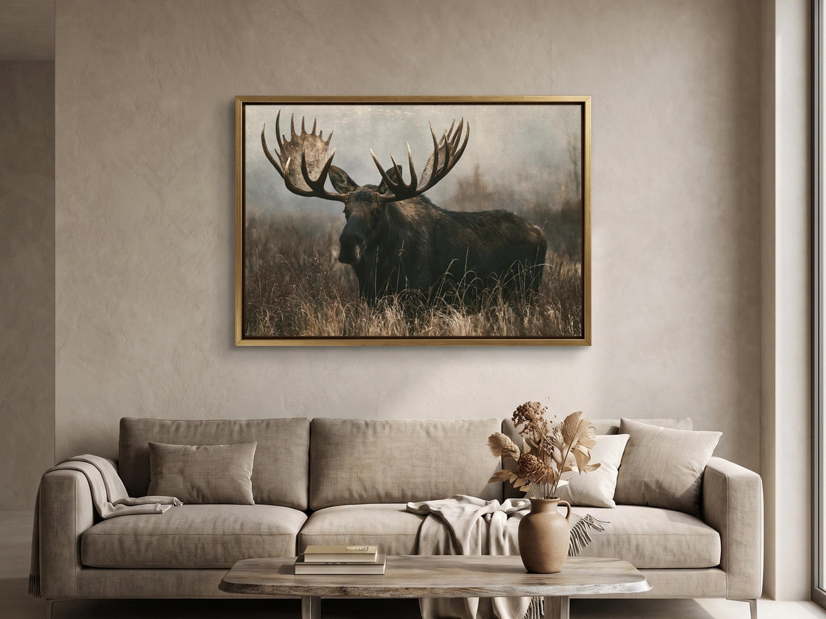 a large framed painting of a moose with impressive antlers hanging on a wall above a beige sofa in a living room.