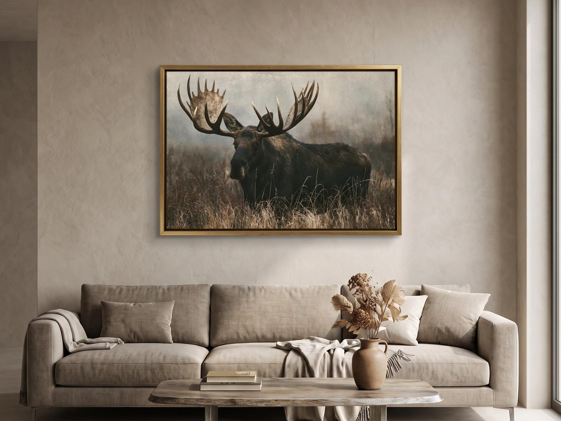 a large framed painting of a moose with impressive antlers hanging on a wall above a beige sofa in a living room.