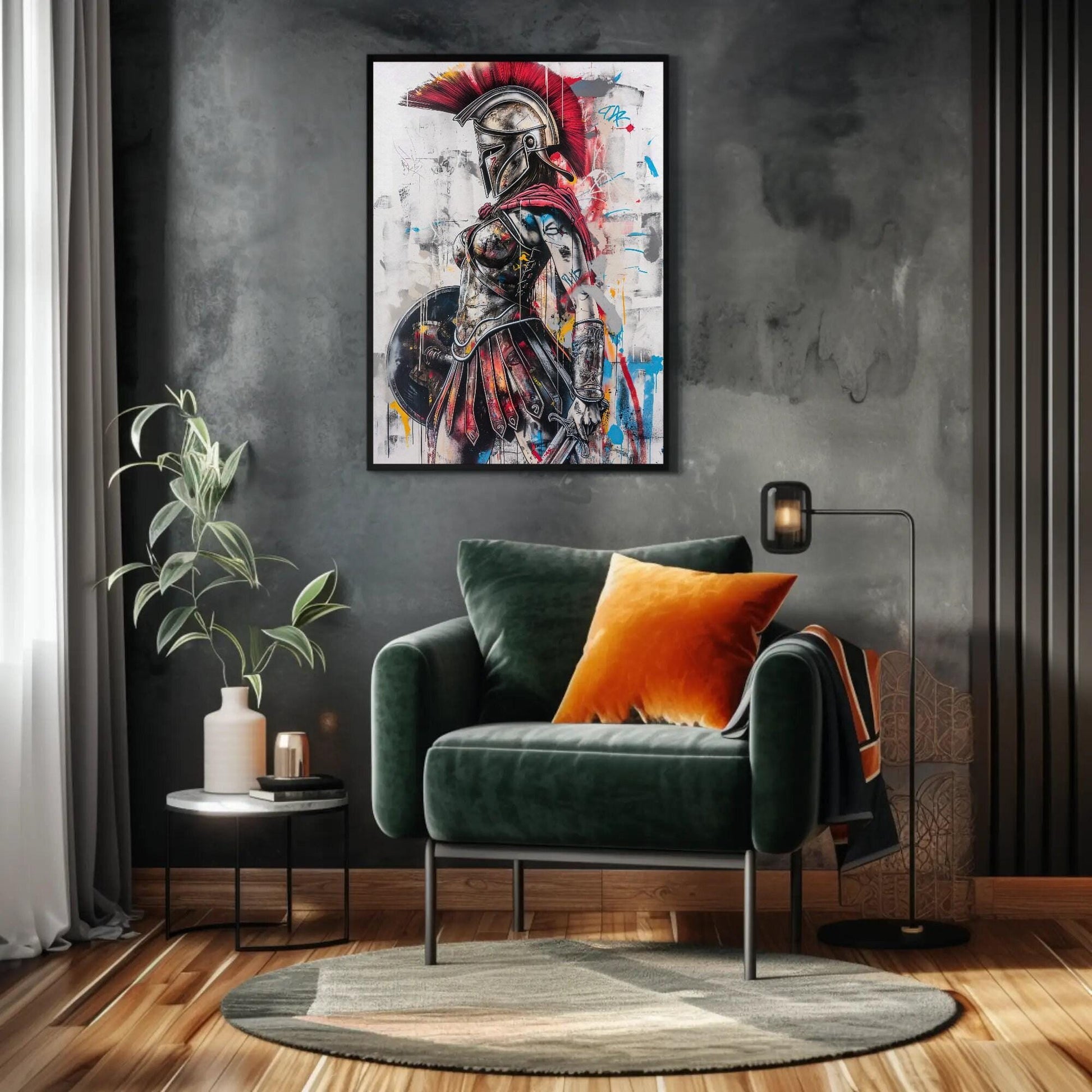 Greek Warrior canvas wall art shown in a living room (view 2)