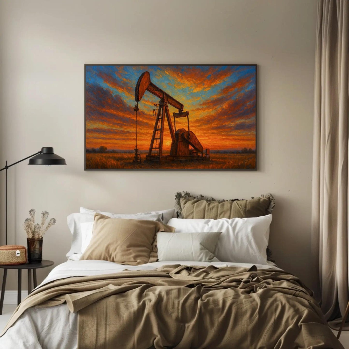 Texas Oil Rig , Western Sunset Industrial canvas wall art in gold tones