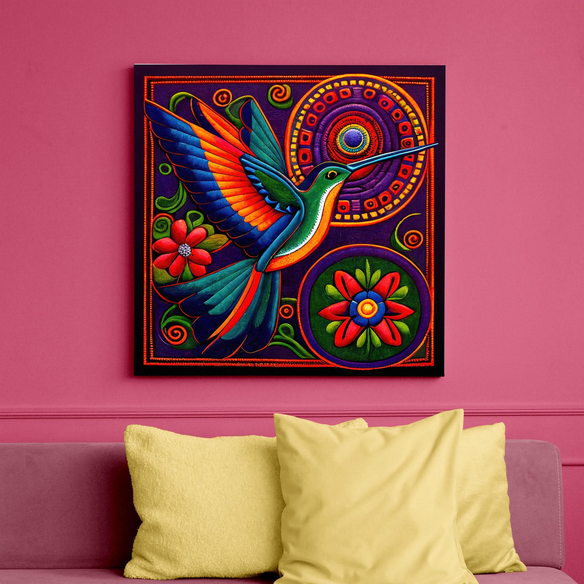 Huichol Hummingbird boho canvas wall art, ready to hang