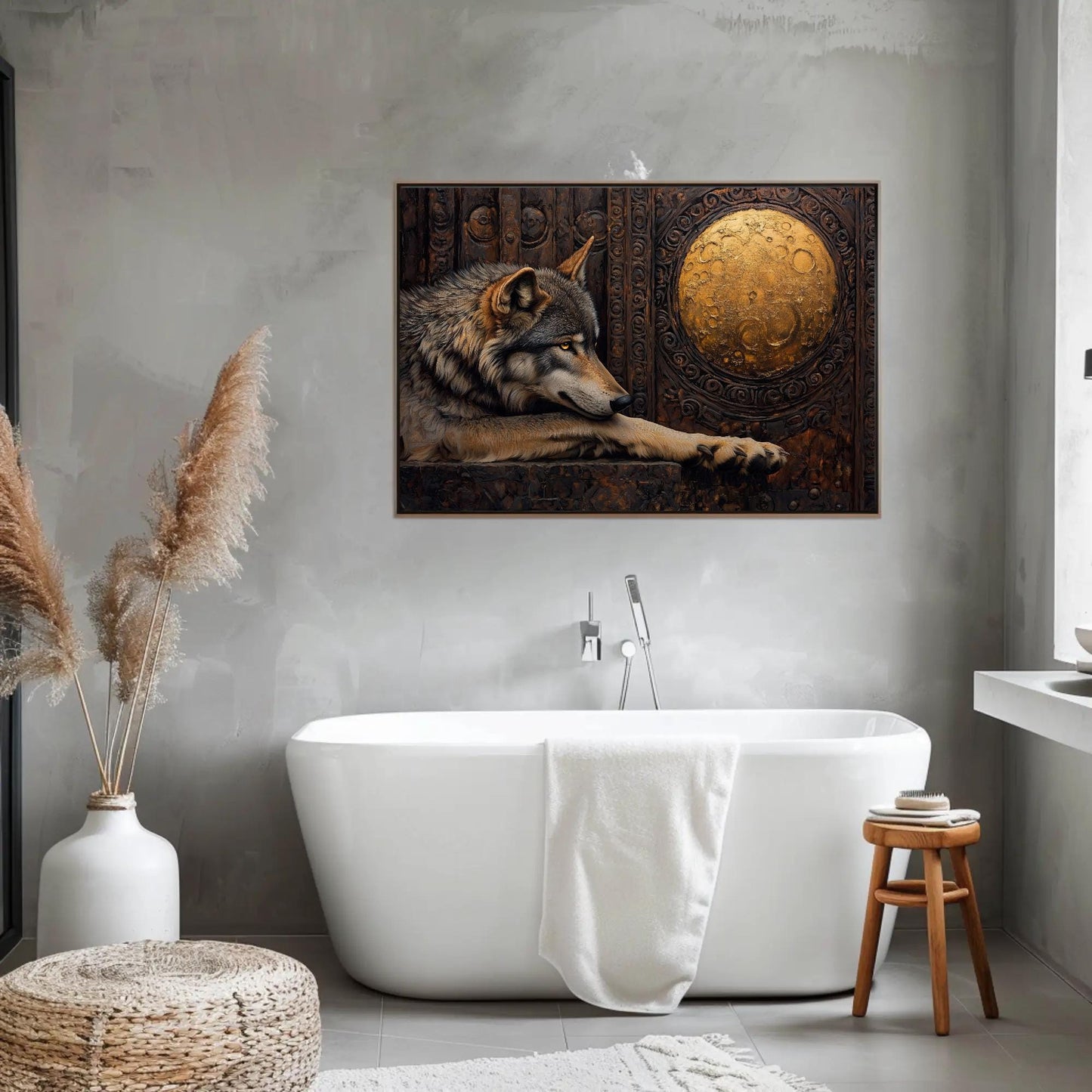Wolf And Gold Moon Mystical Wildlife Art canvas wall art shown in a bathroom