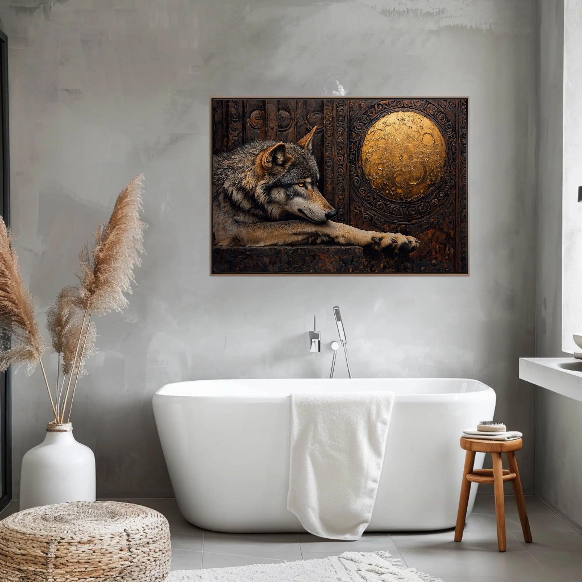 Wolf And Gold Moon Mystical Wildlife Art canvas wall art shown in a bathroom