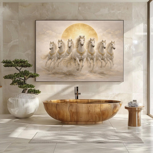 Seven White Horses Canvas Print, Vastu Prosperity Wall Art