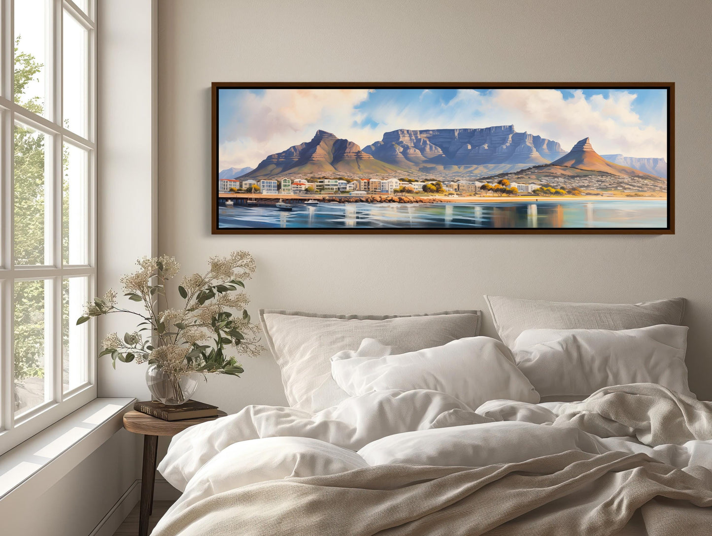 Cape Town , South Africa Panoramic canvas wall art shown above a bed