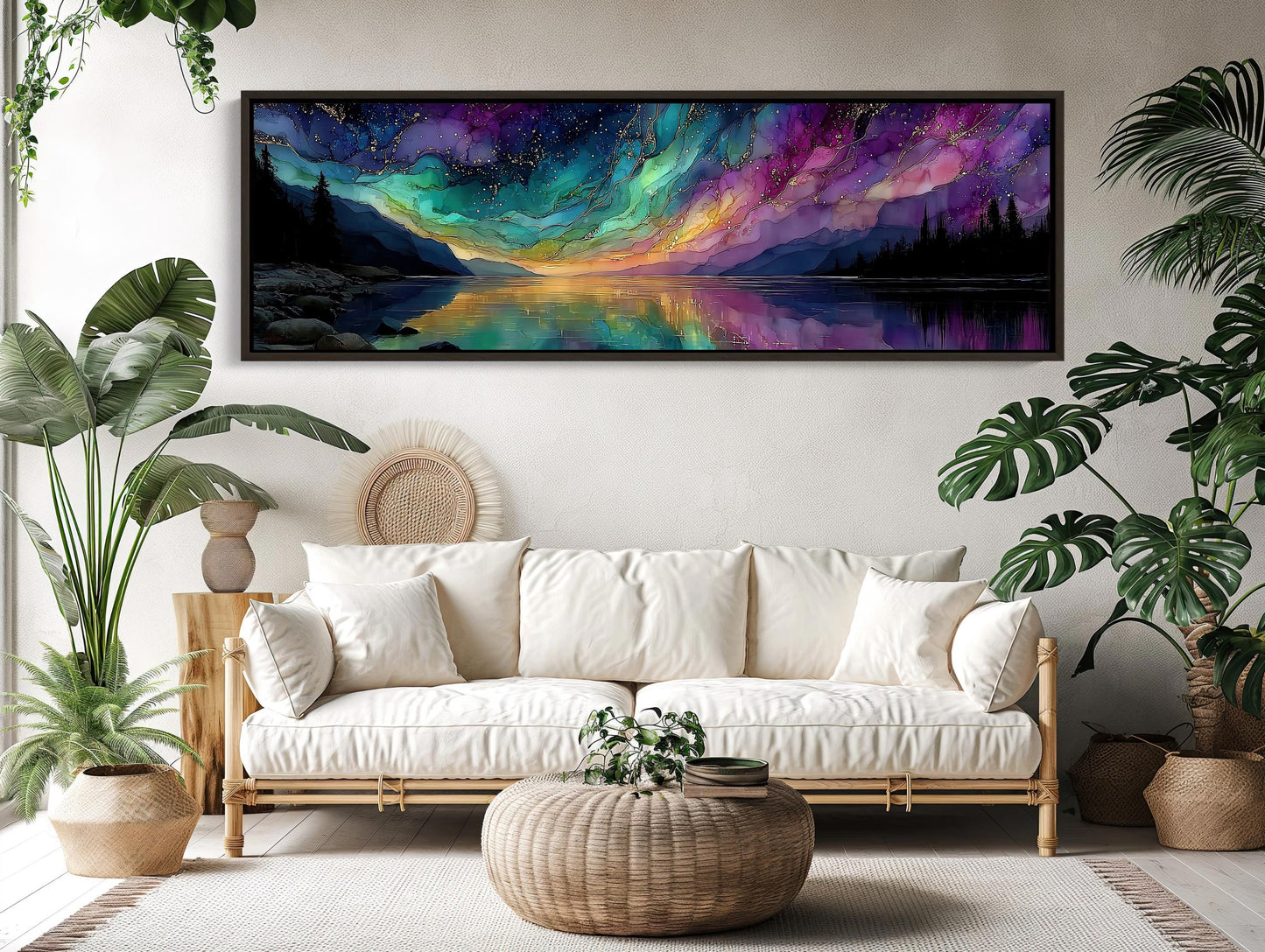 Aurora Lake , Northern Lights Panoramic canvas wall art shown in a living room (view 2)