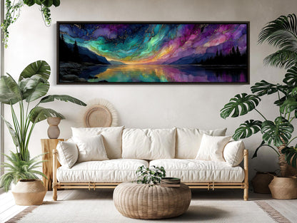 Aurora Lake , Northern Lights Panoramic canvas wall art shown in a living room (view 2)