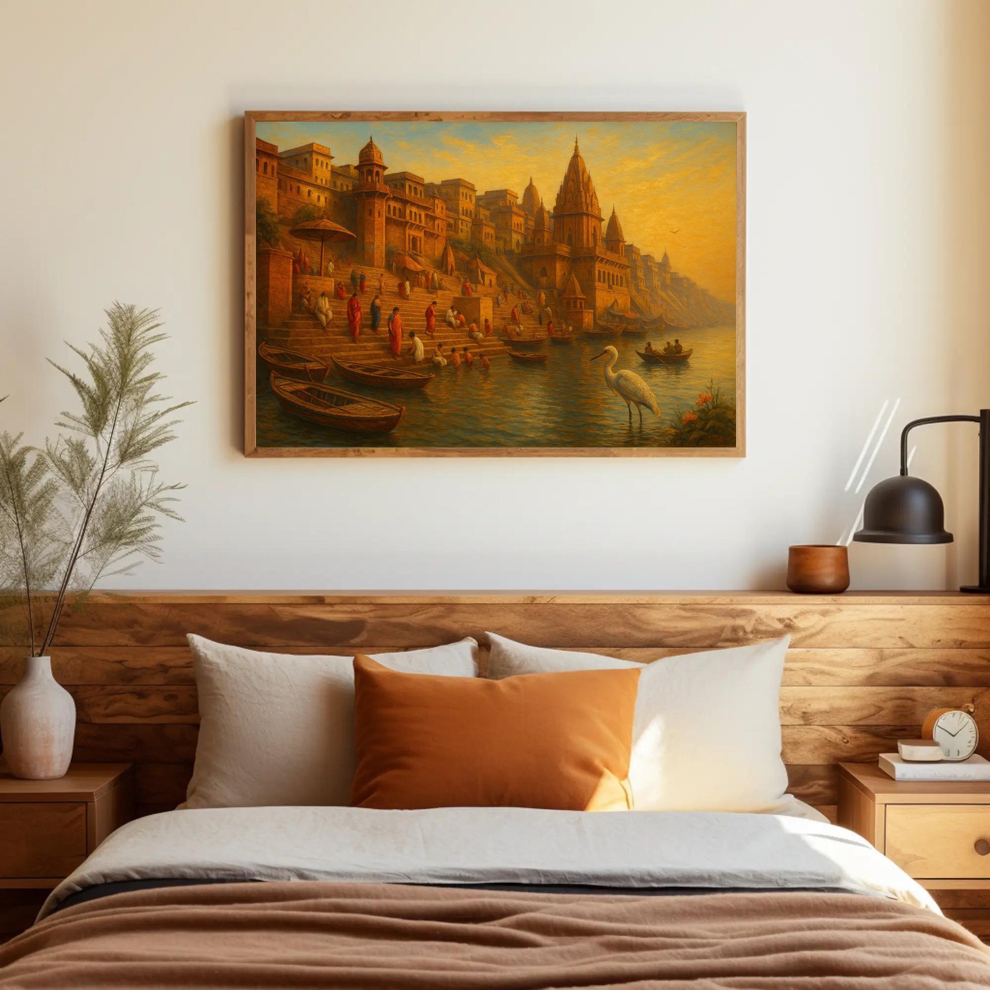 Varanasi Ghats Art canvas wall art shown above a bed