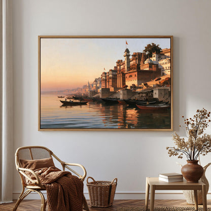 a large painting of a cityscape with boats on the water, hanging on a wall in a room with a wicker chair, a small table with a vase of flowers, and a bookshelf.