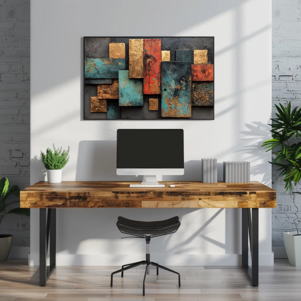 Gold teal rust geometric canvas wall art, desk with a computer on top of it