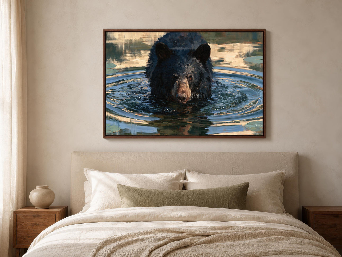 a large black bear swimming in a body of water, with its head above the water's surface.