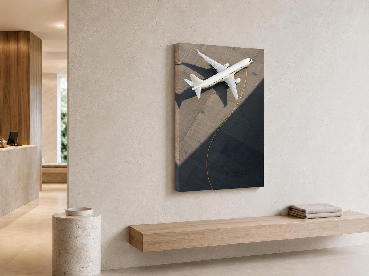 a large white airplane on a runway, with a minimalist and modern design.
