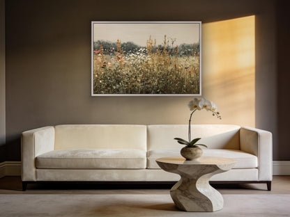 Sage wildflower meadow canvas wall art, living room with a white sofa, a marble coffee table, and a framed painting of a