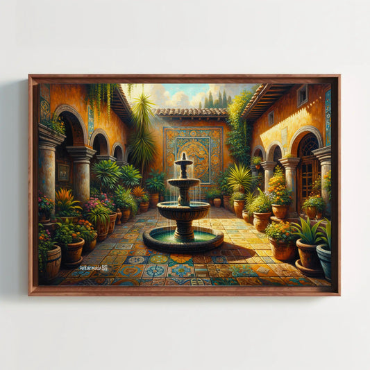 Mexican Courtyard Canvas Print – Traditional Garden Art with Vibrant Colors & Floating Frame