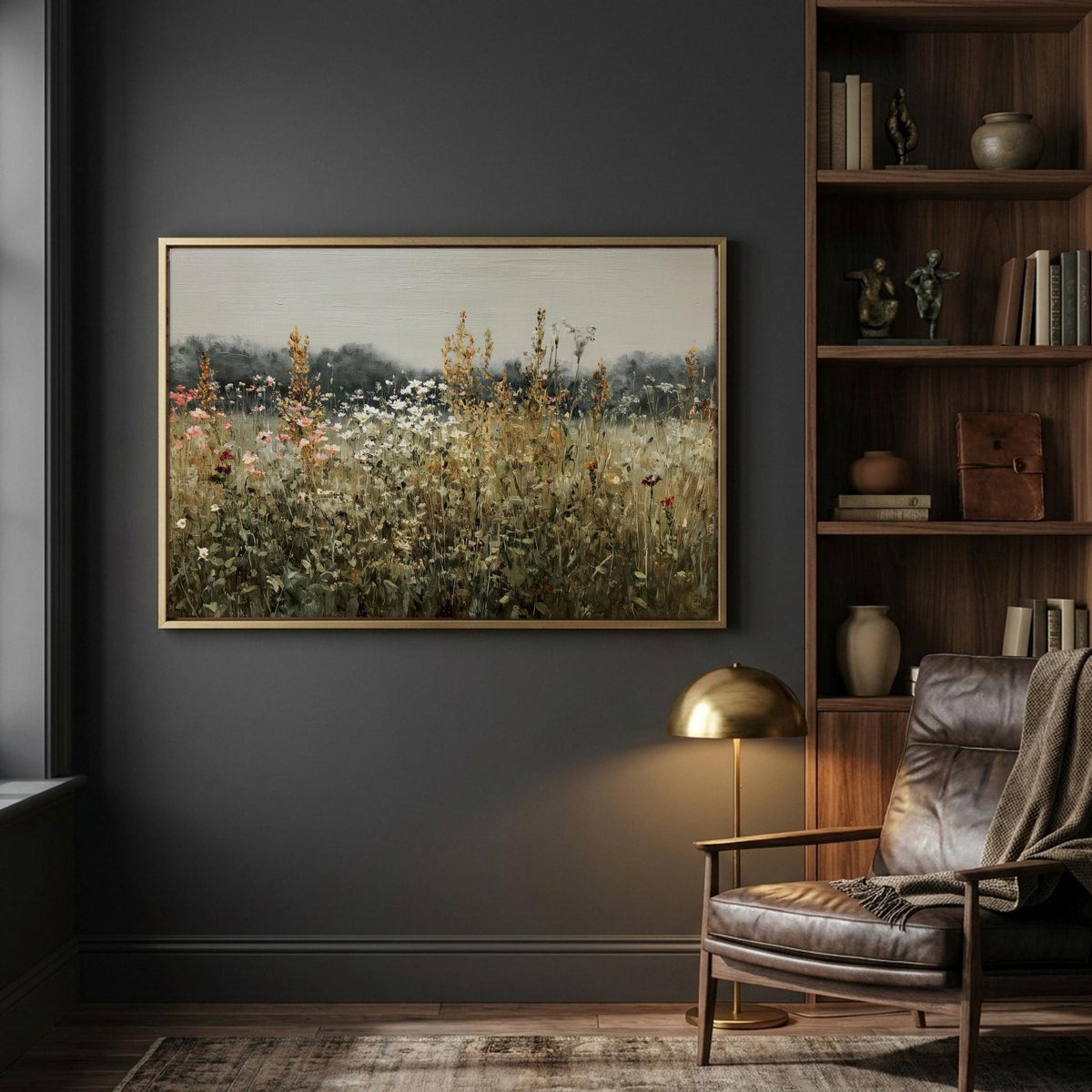 Sage wildflower meadow canvas wall art, large painting of a field with flowers hanging on a wall in a room with a leather