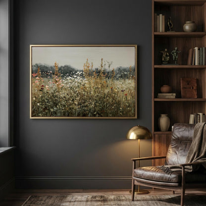Sage wildflower meadow canvas wall art, large painting of a field with flowers hanging on a wall in a room with a leather