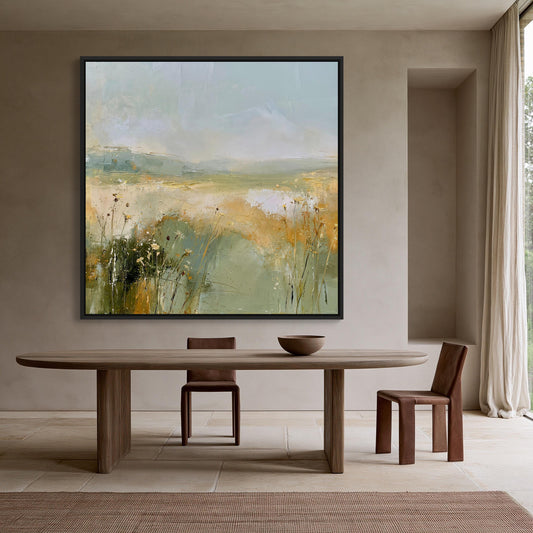 Wildflower meadow canvas wall art, large, square painting of a field with tall grass and flowers hanging on a wall above a