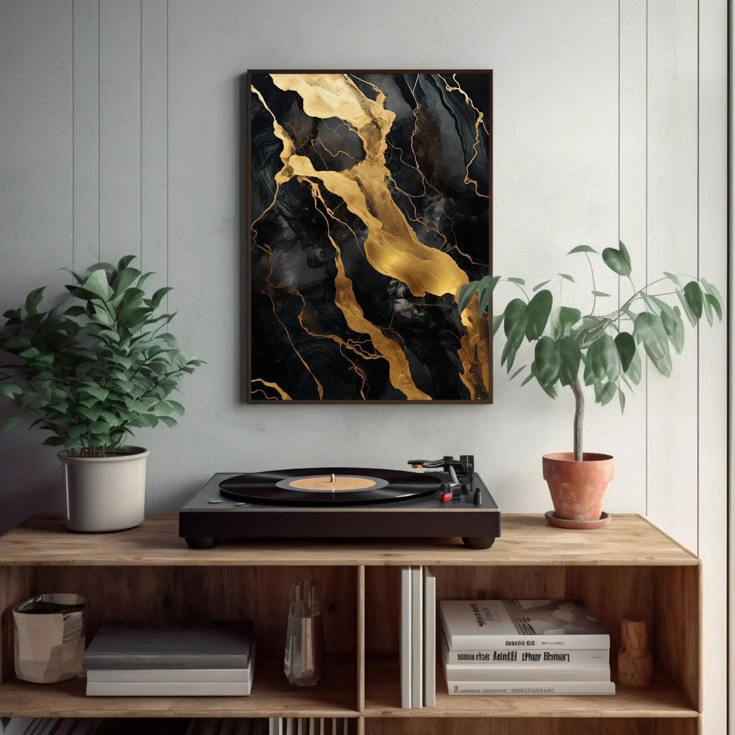 Black Gold Marble , Luxury Abstract canvas wall art shown in a styled room