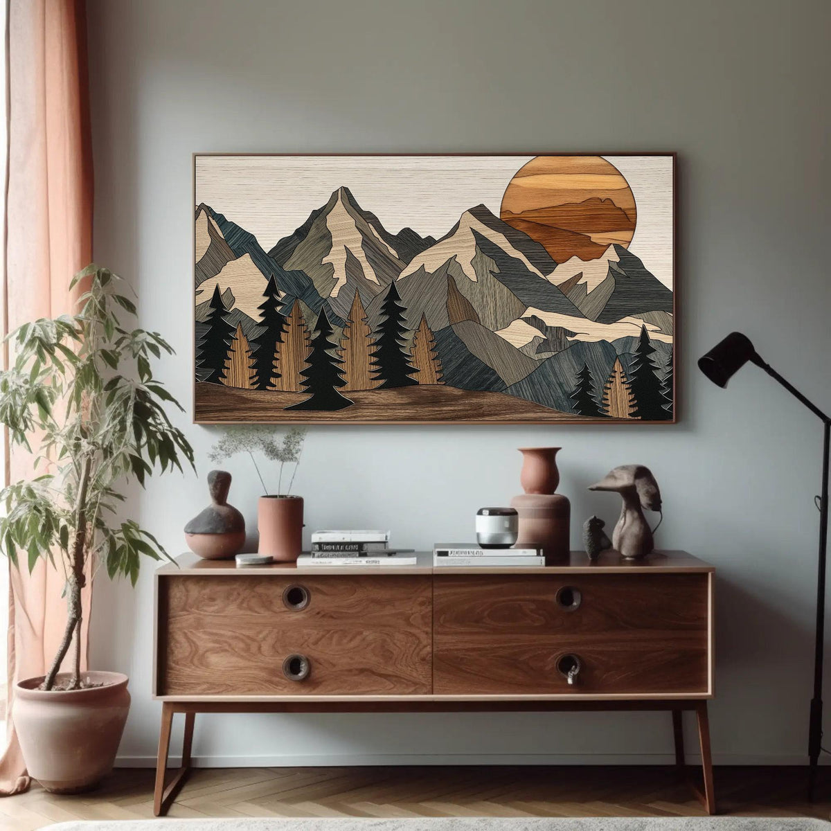 Wood effect mountains canvas wall art, painting hanging on a wall above a dresser