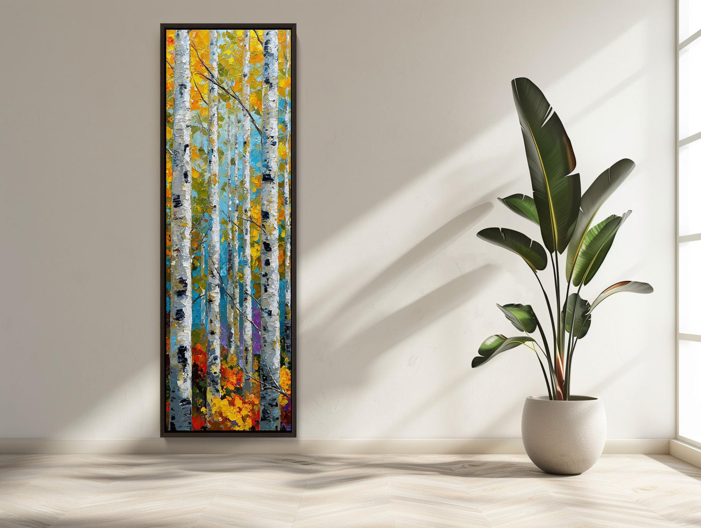 Birch Tree canvas wall art shown in a styled room