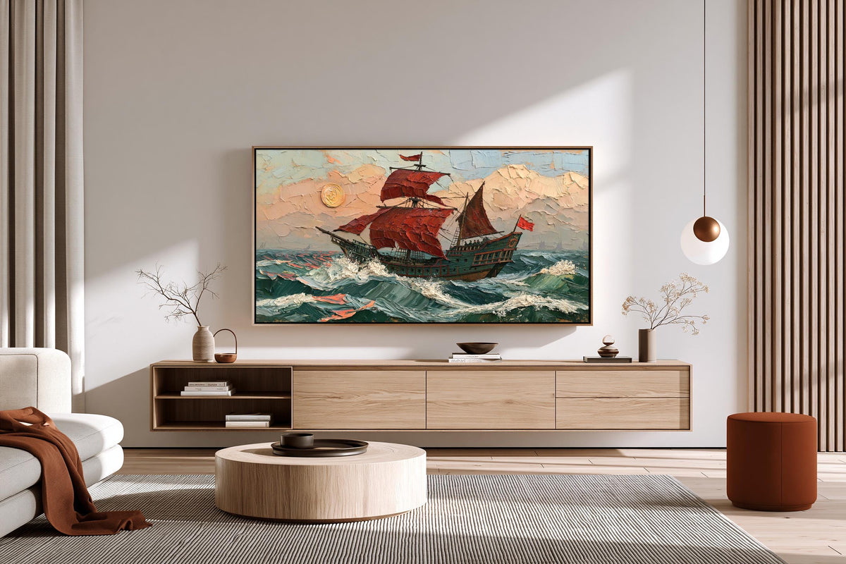 a modern living room with a large painting of a sailing ship on the wall above a wooden entertainment center. The entertainment center has a flat screen TV mounted on it. The room also includes a sofa, a coffee table, and some decorative elements such as a vase and a potted plant.