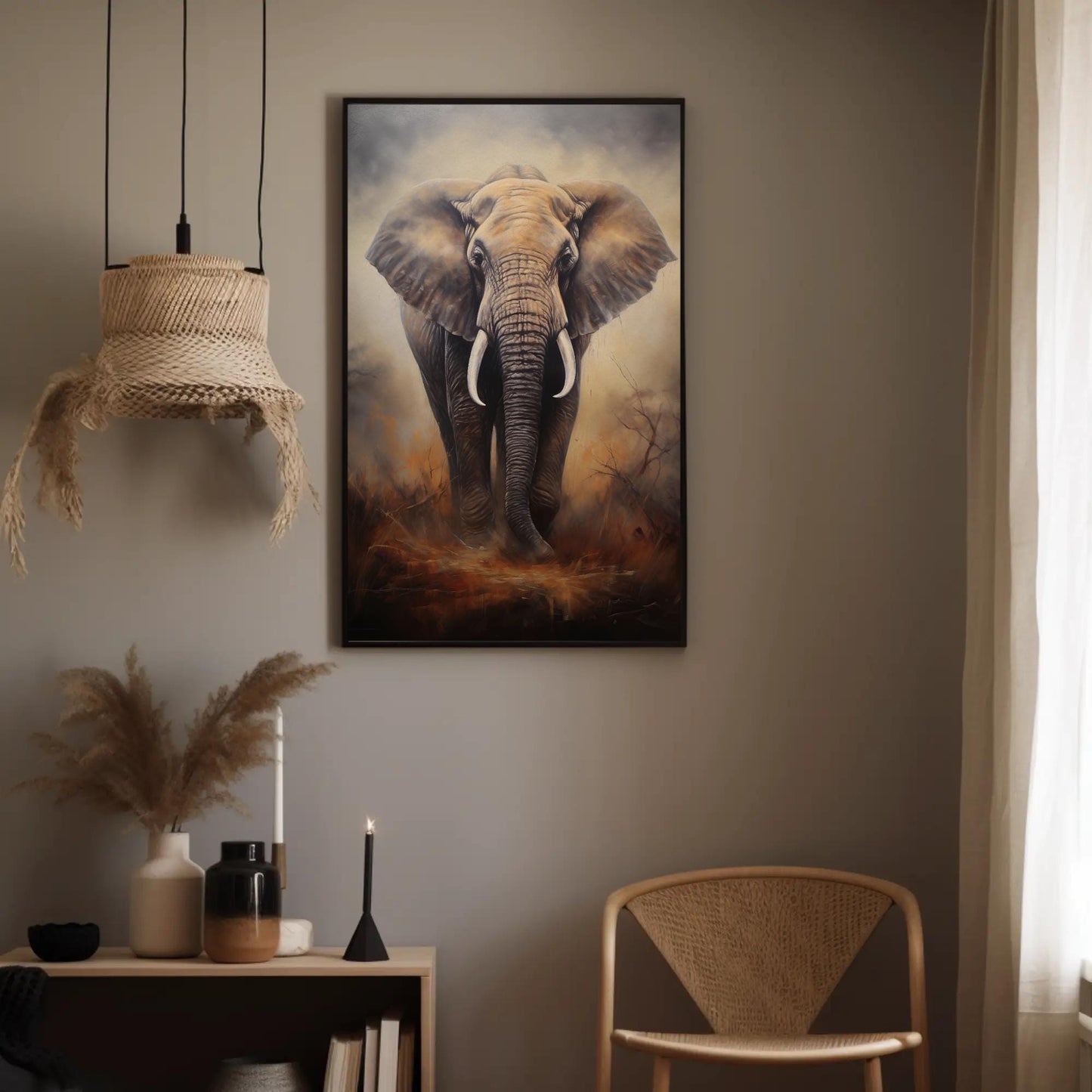 Elephant canvas wall art shown in a styled room