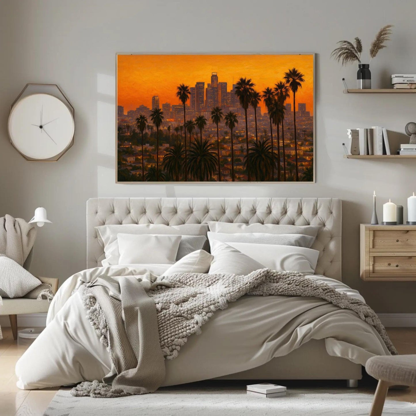 Los Angeles Sunset canvas wall art shown in a bedroom