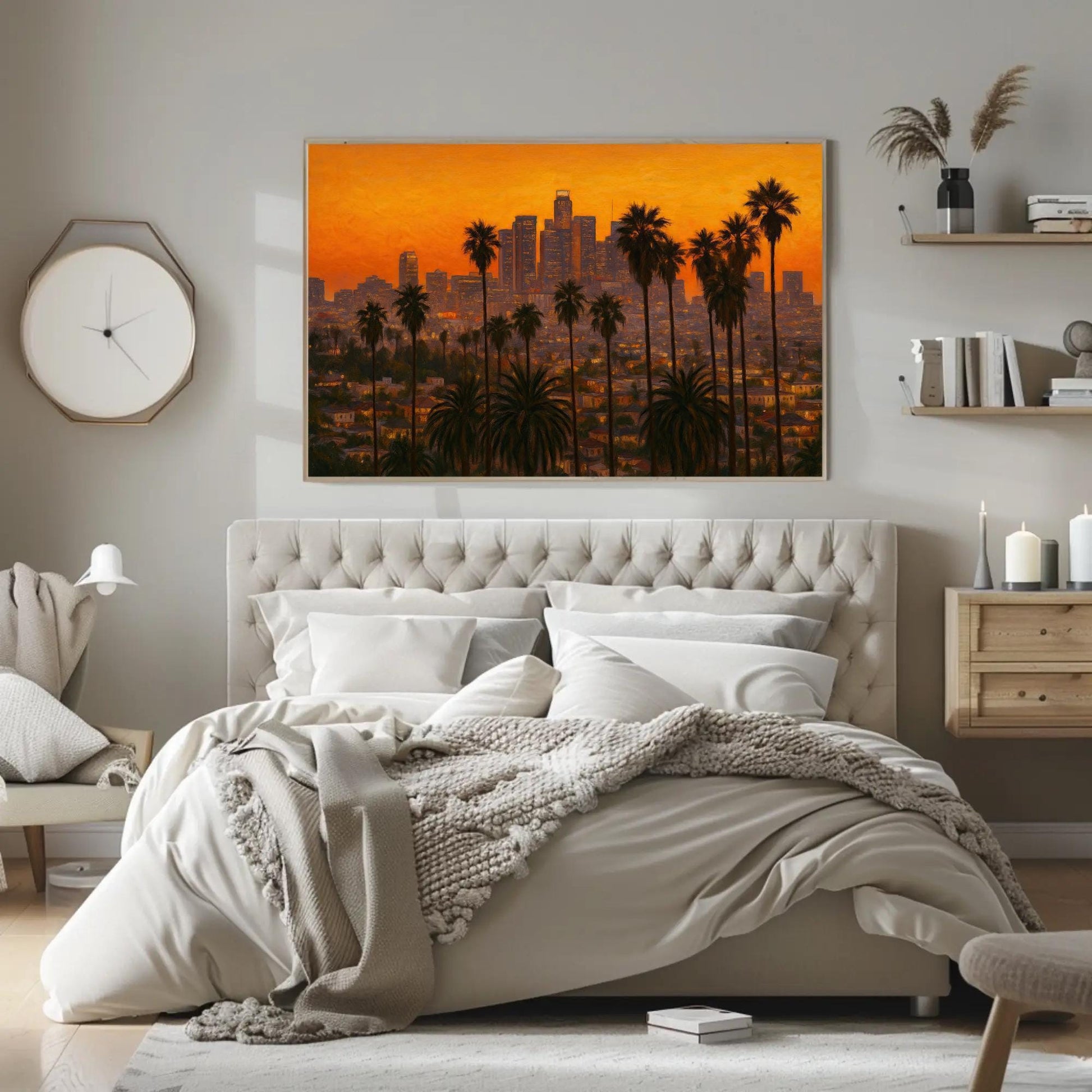 Los Angeles Sunset canvas wall art shown in a bedroom