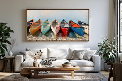 a large painting of colorful boats lined up on a beach, hanging on a wall above a white sofa in a living room setting.