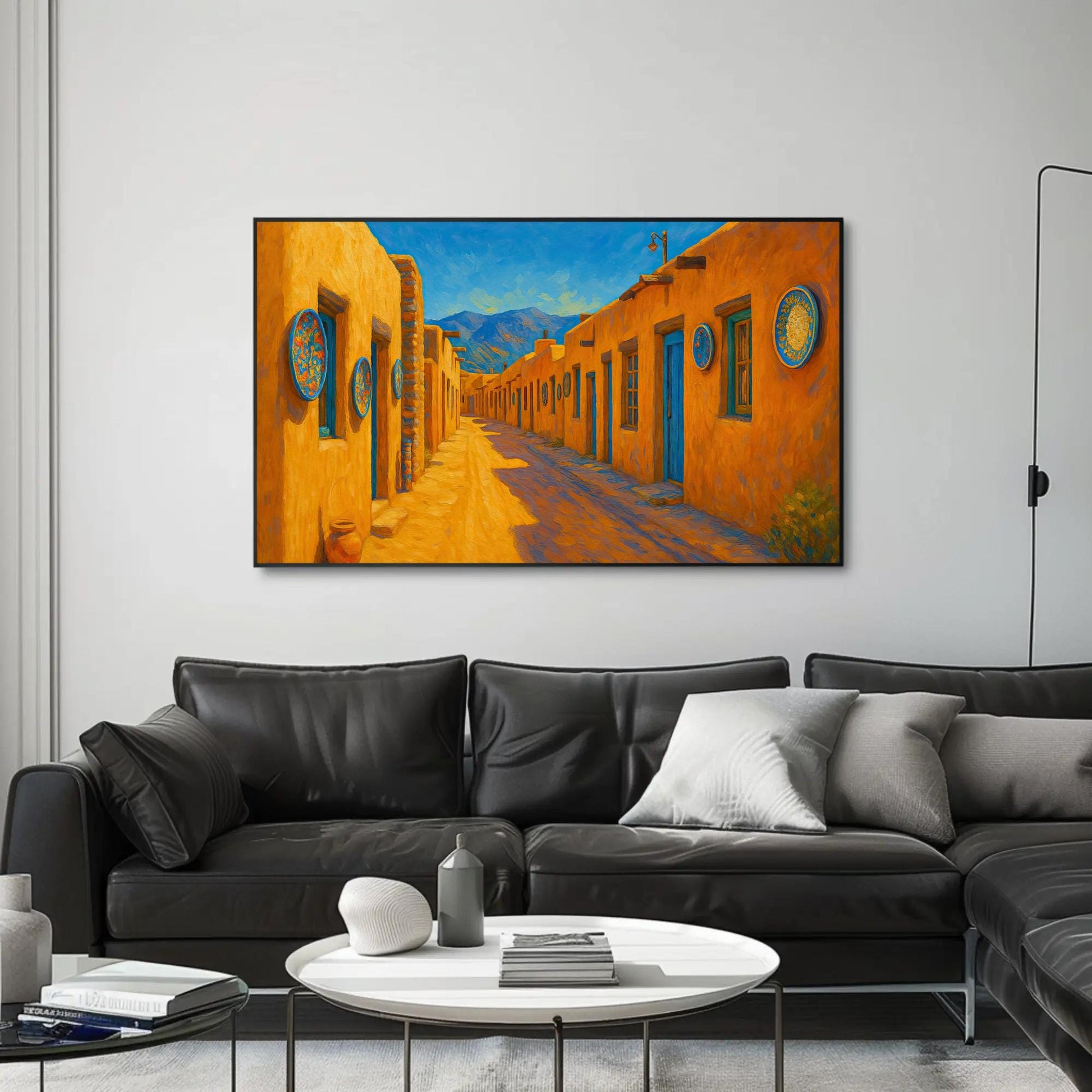 Santa Fe Adobe canvas wall art shown in a living room