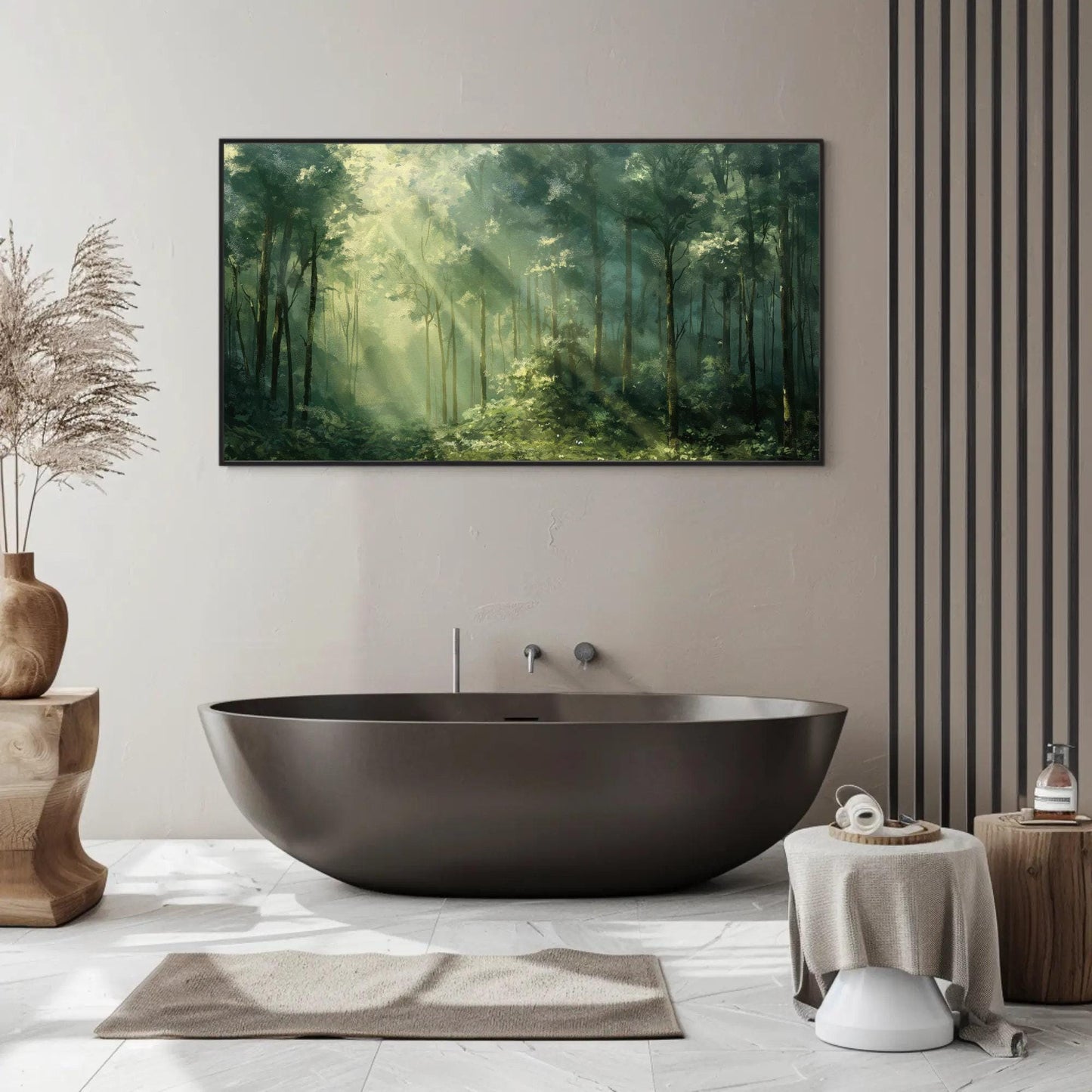 Green Forest canvas wall art shown in a bathroom