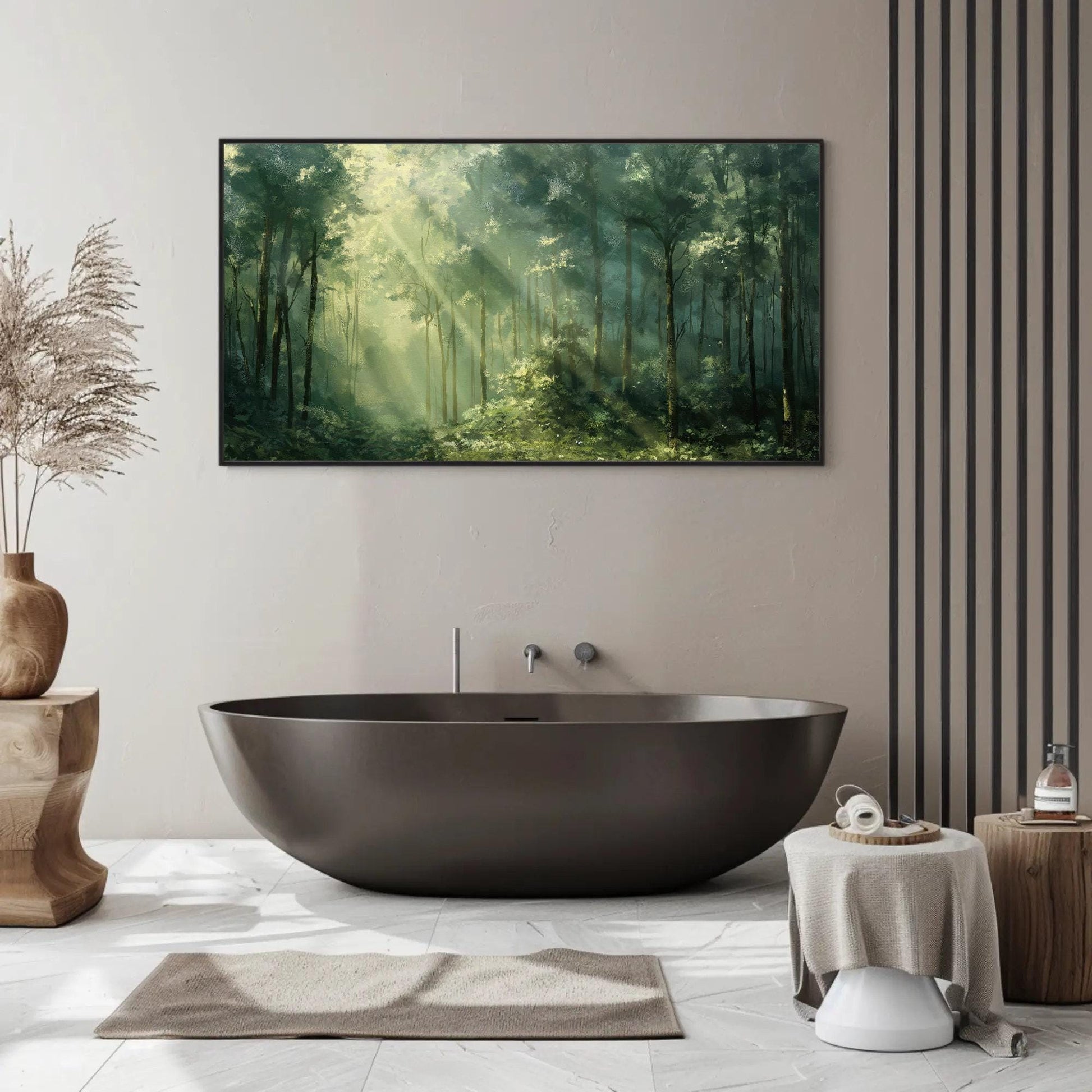 Green Forest canvas wall art shown in a bathroom