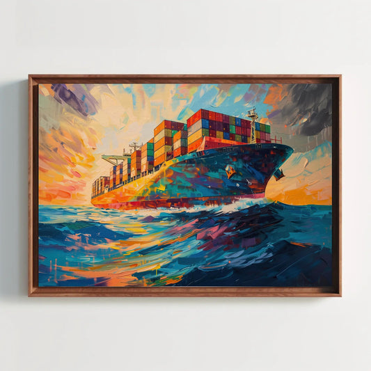 a painting of a container ship in the ocean