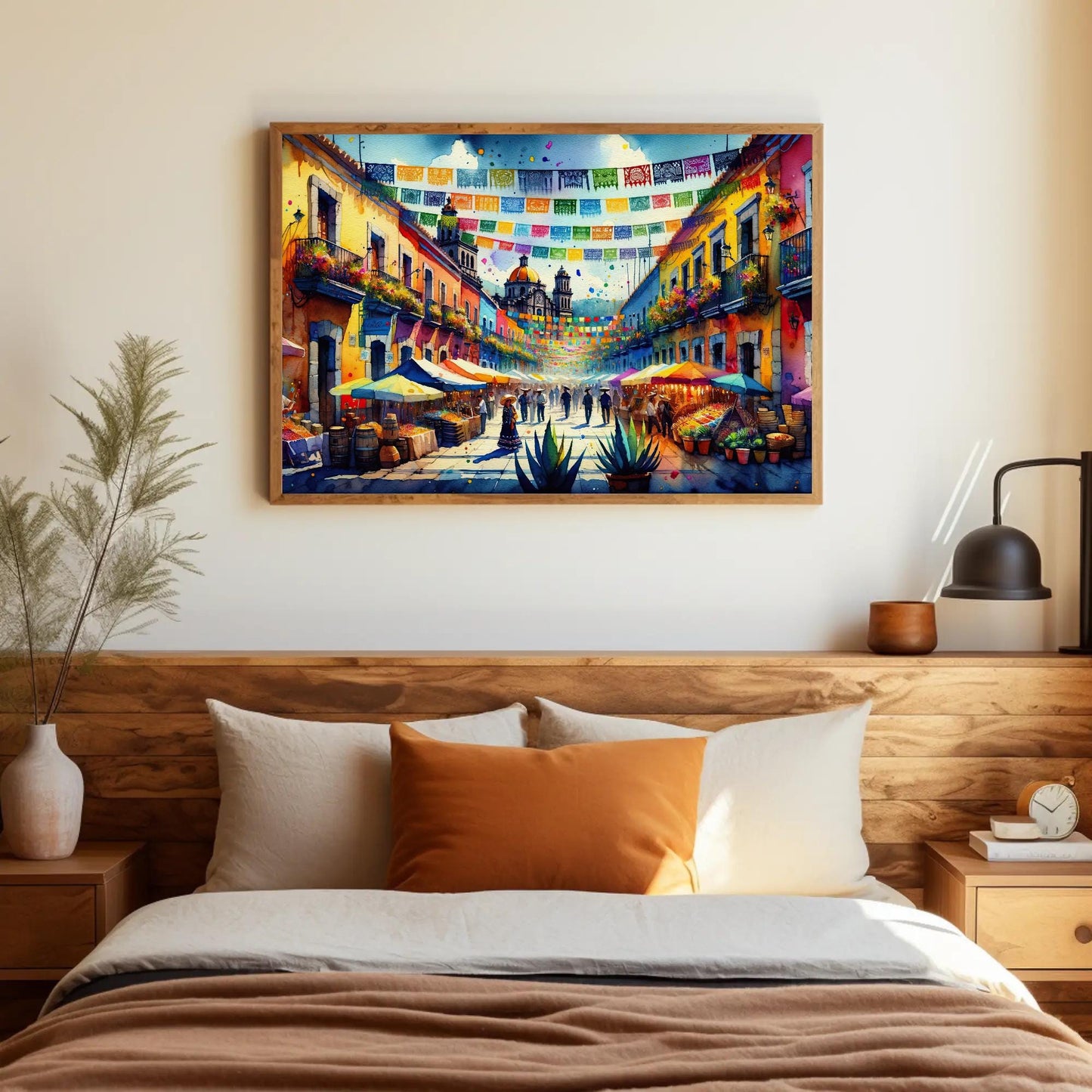 Mexican Street Scene , Traditional Pueblo canvas wall art shown in a bedroom (view 2)
