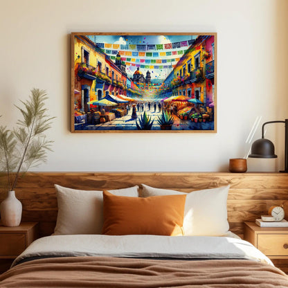 Mexican Street Scene , Traditional Pueblo canvas wall art shown in a bedroom (view 2)