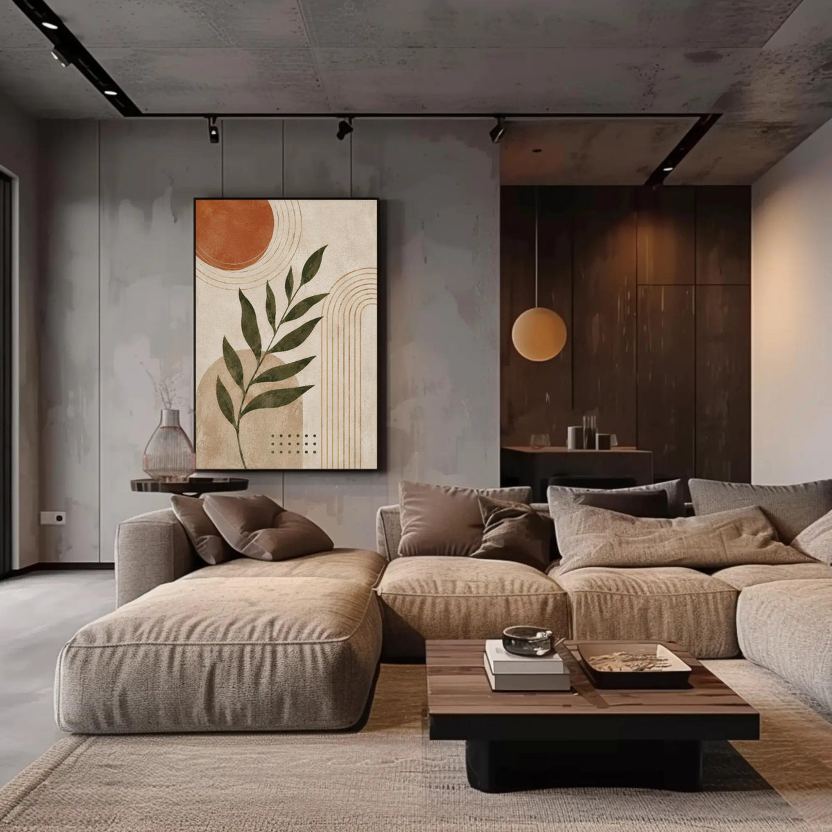 a modern living room with a large sectional sofa, a wooden coffee table, and a large abstract painting on the wall.