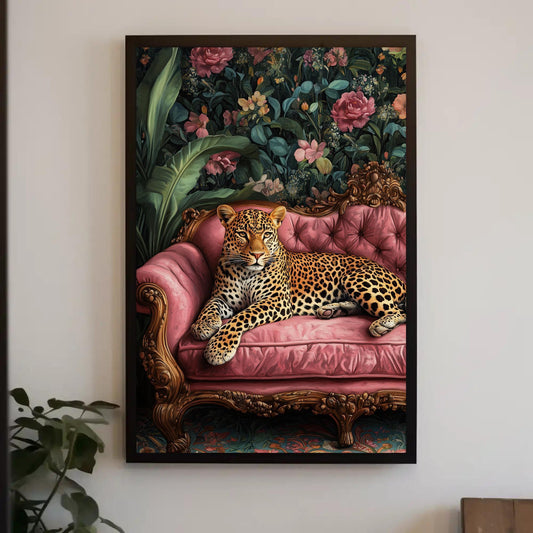a painting of a leopard laying on a pink couch