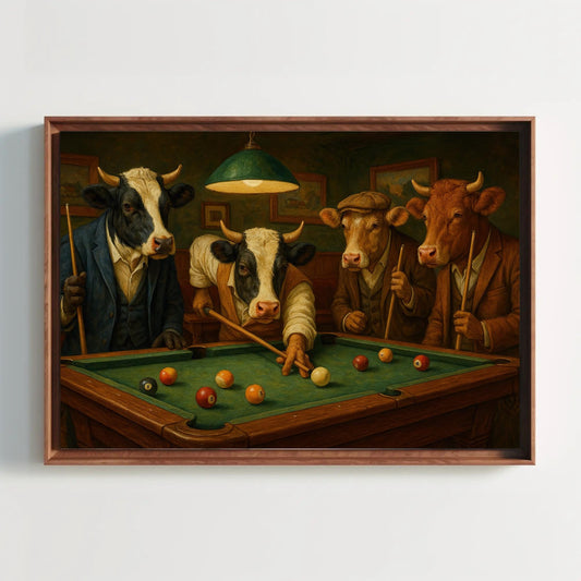a painting of a pool table with three cows